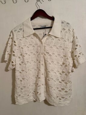 Simkhai Cream Crochet Knit Short-Sleeve Shirt